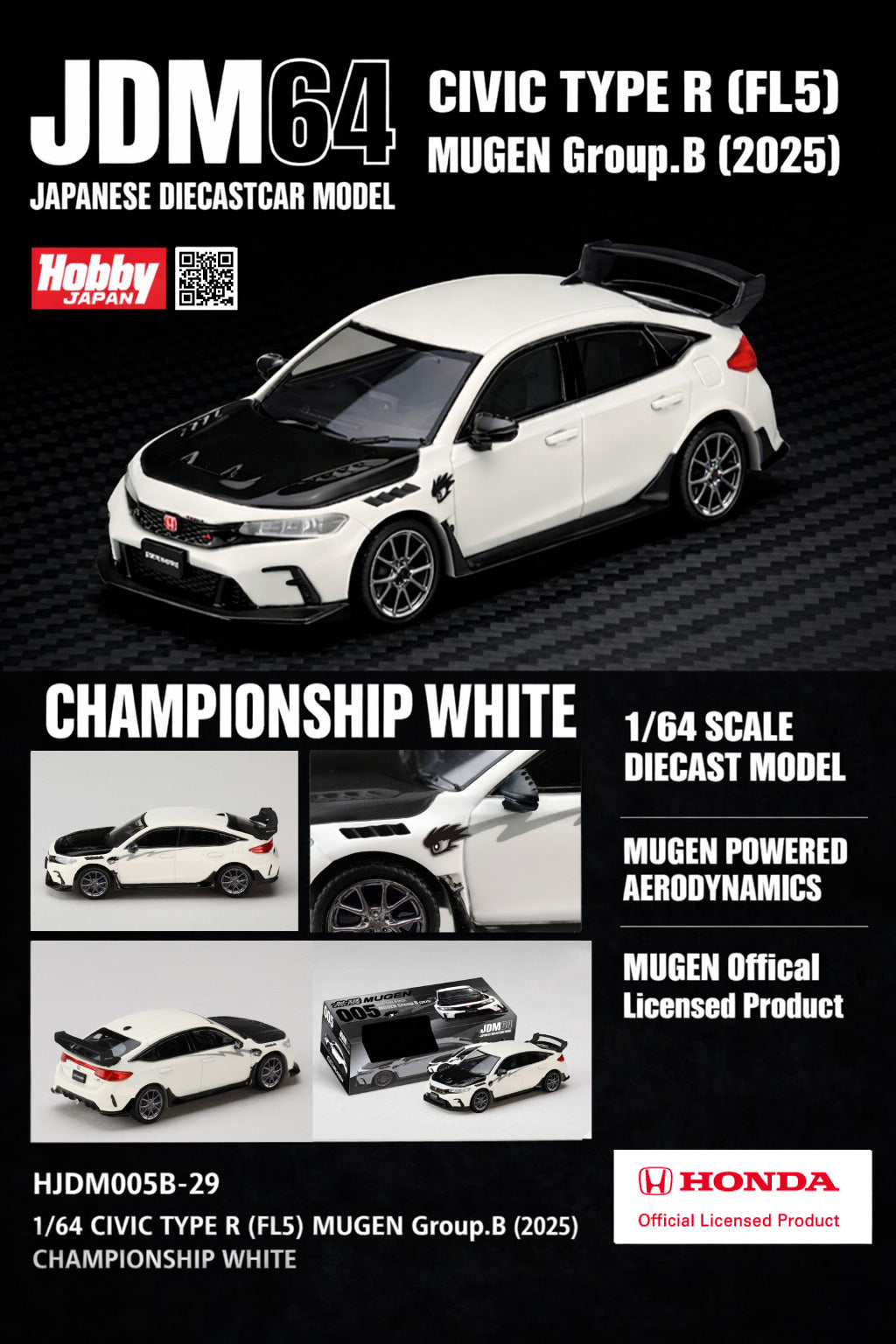 *PREORDER* Hobby Japan 1:64 Honda Civic Type-R (FL5) MUGEN Group B (2025) in Championship White