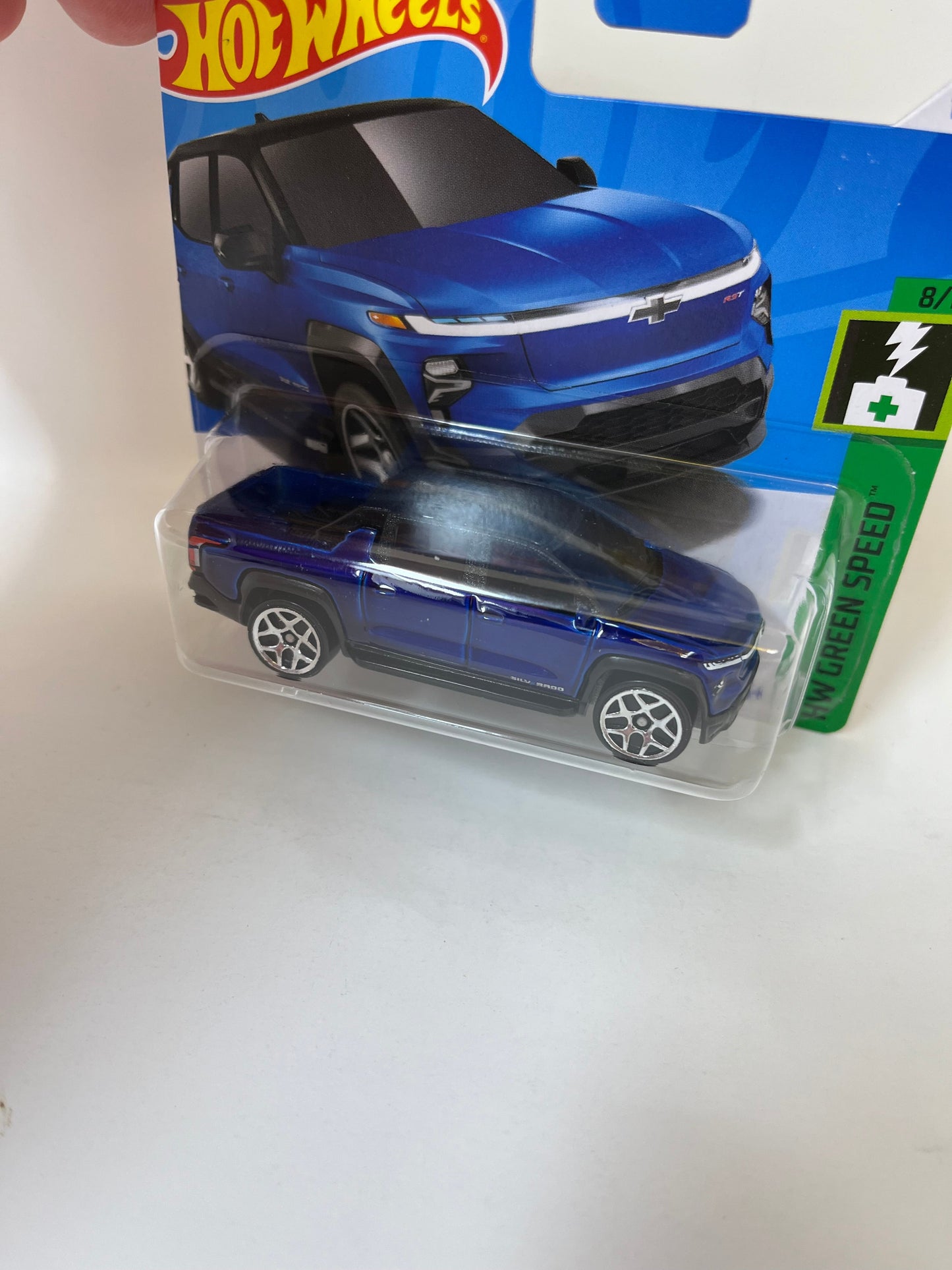 SHORT CARD * Chevy Silverado EV RST #110 * BLUE * 2024 Hot Wheels Basic Case E