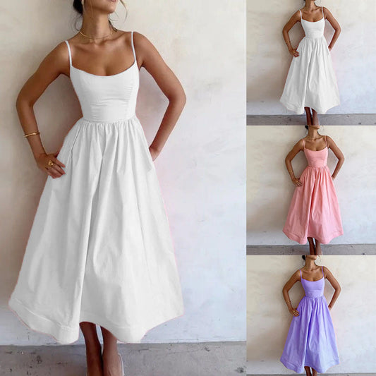 Lady Temperament Commute Low-cut Slim Fit Waist Trimming Spaghetti Straps Dress