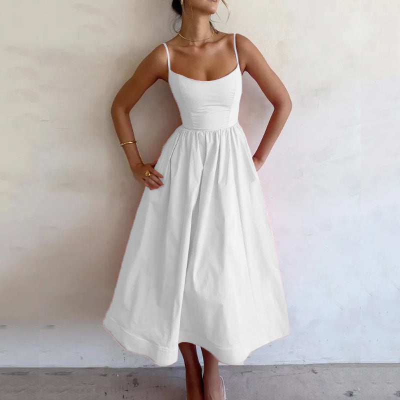 Lady Temperament Commute Low-cut Slim Fit Waist Trimming Spaghetti Straps Dress