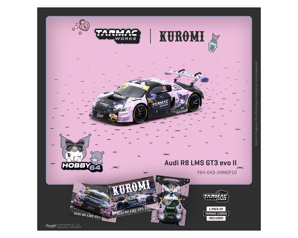 Tarmac Works 1:64 Audi R8 LMS GT3 evo II Kuromi 鈥?Uno Racing Macau GT Cup 鈥?FIA GT World Cup 2024 鈥?Adderly Fong 鈥?Hobby64 & Tarmac Cards