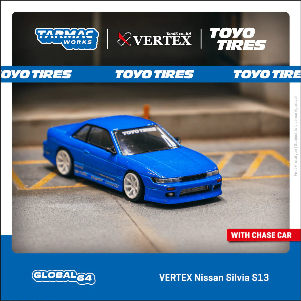 Tarmac Works 1:64 Nissan Silvia (S13) VERTEX in Toyo Tires in Blue Metallic